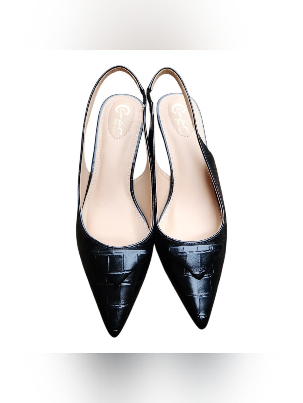 Comfort Est 1946 Black Croc Embossed Slingback Kitten Heels Pointed Toe  9M